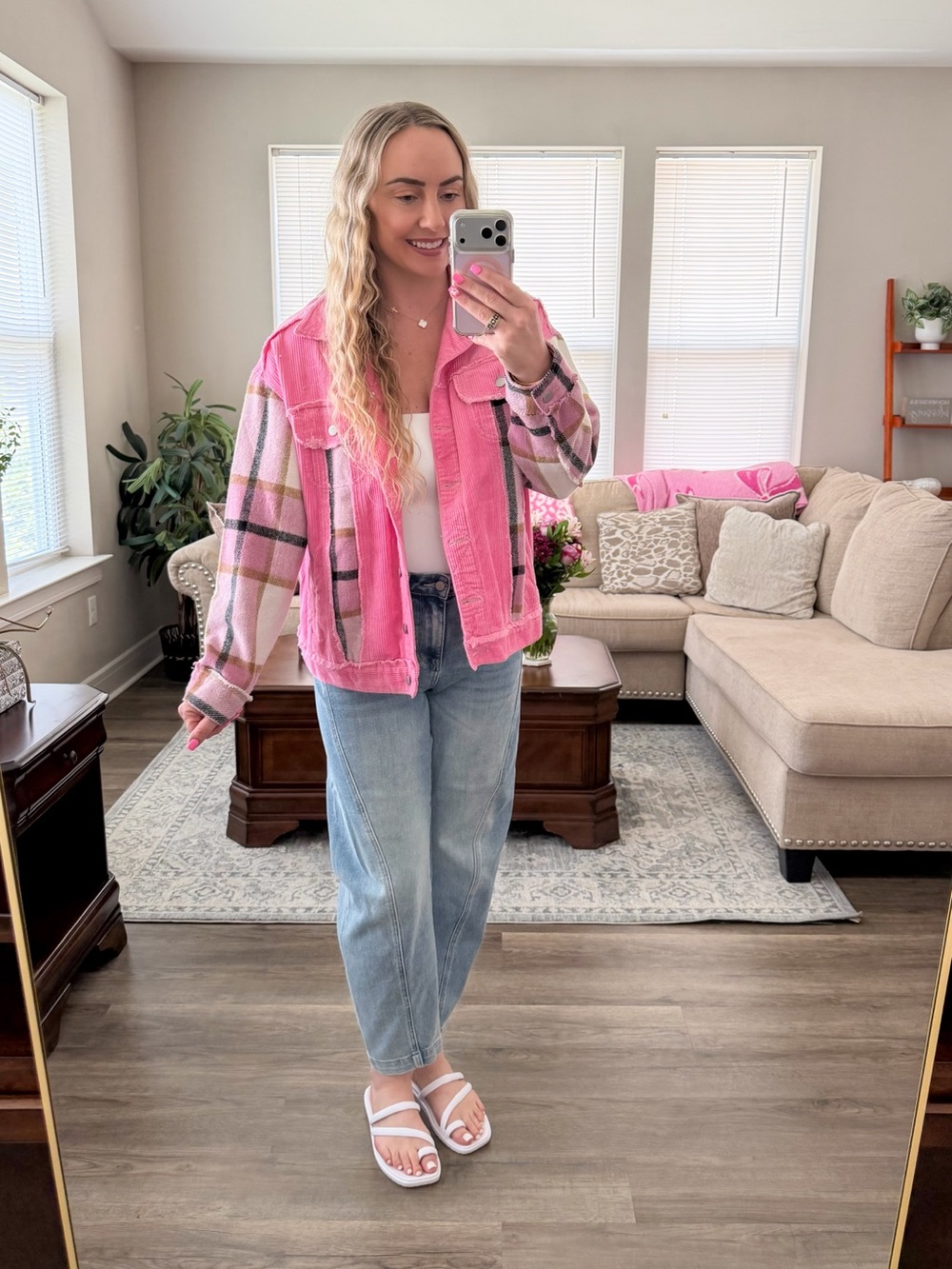 POL Pink Plaid Jean Jacket